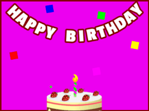 Happy Birthday GIF:A cream cake on purple with red border & falling hearts