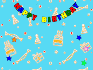 Happy Birthday GIF:candy Cake, flying mix on a blue decor background
