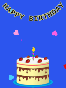 Happy Birthday GIF:Birthday GIF,cream cake,blue background,hearts & hearts