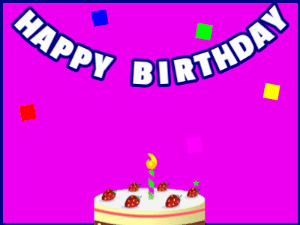 Happy Birthday GIF:A cream cake on purple with blue border & falling stars