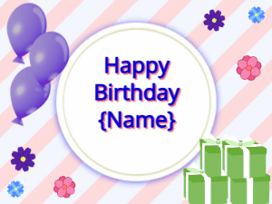 Happy Birthday GIF:purple Balloons, green gift boxes, blue text