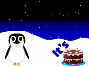 Happy Birthday GIF:Penguin: fruity cake,yellow text,% 3 fireworks