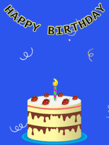 Happy Birthday GIF:Birthday GIF,cream cake,blue background,stars & confetti
