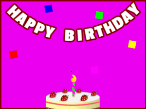 Happy Birthday GIF:A cream cake on purple with red border & falling stars