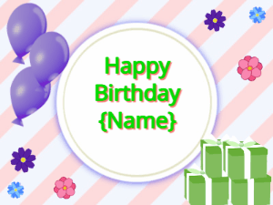 Happy Birthday GIF:purple Balloons, green gift boxes, green text
