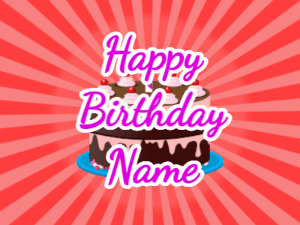 Happy Birthday GIF:red sunburst,chocolate cake, purple text