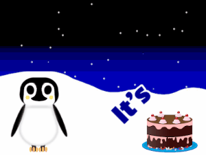Happy Birthday GIF:Penguin: fruity cake,yellow text,% 3 fireworks