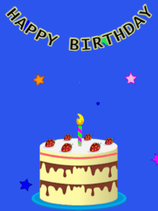 Happy Birthday GIF:Birthday GIF,cream cake,blue background,stars & stars