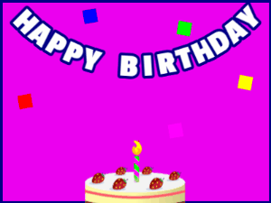 Happy Birthday GIF:A cream cake on purple with blue border & falling squares