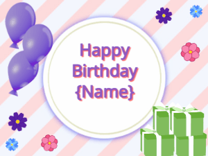 Happy Birthday GIF:purple Balloons, green gift boxes, purple text