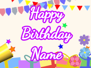 Happy Birthday GIF:Horn, confetti, party, cursive, white, purple