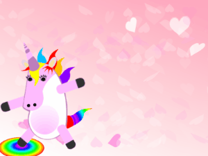 Happy Birthday GIF:Dabbing Unicorn:pink hearts background,yellow flowers,chocolate cake