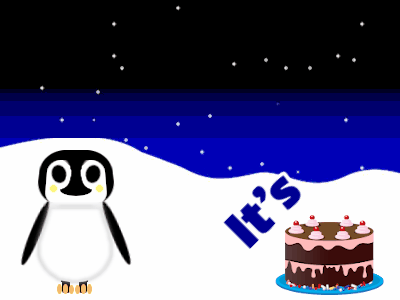 Happy Birthday, birthday-17930 @ Editable GIFs,Penguin: cartoon cake,orange text,% 3 fireworks