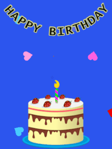 Happy Birthday GIF:Birthday GIF,cream cake,blue background,stars & hearts