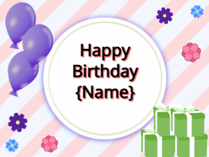 Happy Birthday GIF:purple Balloons, green gift boxes, black text