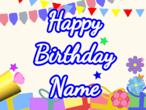 Happy Birthday GIF:Horn, confetti, party, cursive, white, blue