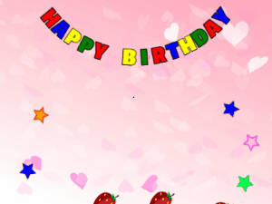 Happy Birthday GIF:cream Cake, flying stars on a pink background