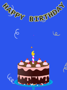 Happy Birthday GIF:Birthday GIF,chocolate cake,blue background,hearts & confetti