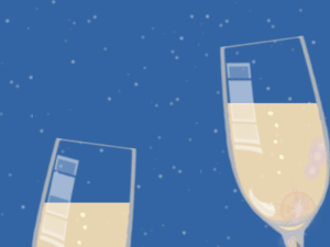 Happy Birthday GIF:Champagne noddle confetti,cursive font,party texture,on blue