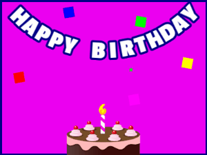 Happy Birthday GIF:A chocolate cake on purple with blue border & falling hearts