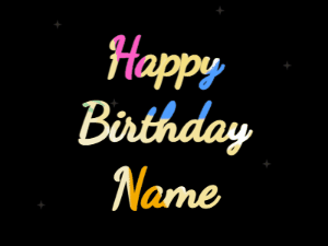 Happy Birthday GIF:heart fireworks,purple box, cursive font, party colors animation