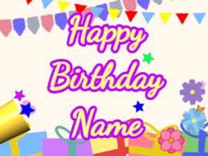 Happy Birthday GIF:Horn, confetti, party, cursive, yellow, purple