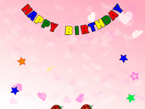 Happy Birthday GIF:cream Cake, flying flares on a pink background