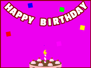 Happy Birthday GIF:A chocolate cake on purple with red border & falling hearts