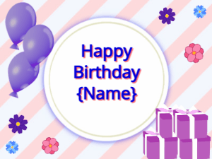 Happy Birthday GIF:purple Balloons, purple gift boxes, blue text