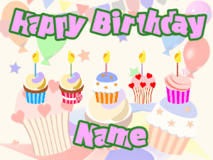 Happy Birthday GIF:Cupcakes for Birthday,party background,purple & green text