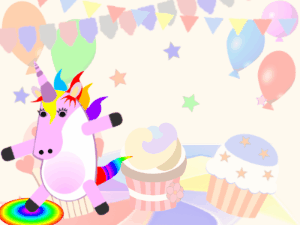 Happy Birthday GIF:Dabbing Unicorn:party background,blue flowers,candy cake