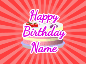 Happy Birthday GIF:red sunburst,fruity cake, purple text