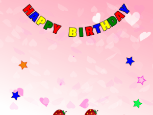 Happy Birthday GIF:cream Cake, flying mix on a pink background