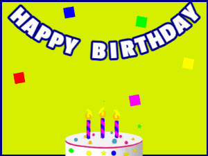 Happy Birthday GIF:A candy cake on green with blue border & falling stars