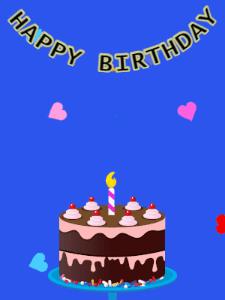 Happy Birthday GIF:Birthday GIF,chocolate cake,blue background,hearts & hearts