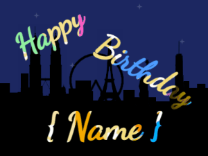 Happy Birthday GIF:City fireworks of stars. Fonts block & block, & a party colors texture