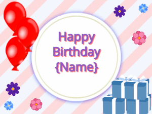 Happy Birthday GIF:red Balloons, blue gift boxes, purple text
