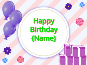 Happy Birthday GIF:purple Balloons, purple gift boxes, green text