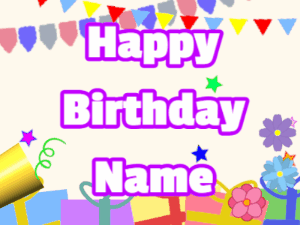 Happy Birthday GIF:Horn, confetti, party, block, white, purple