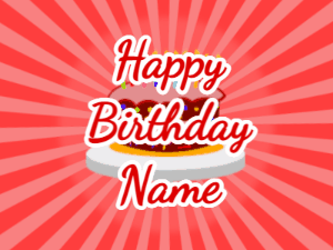 Happy Birthday GIF:red sunburst,cartoon cake, red text