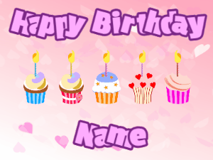 Happy Birthday GIF:Cupcakes for Birthday,pink hearts background,purple & purple text