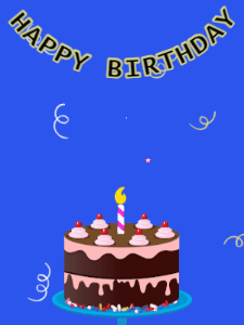 Happy Birthday GIF:Birthday GIF,chocolate cake,blue background,stars & confetti