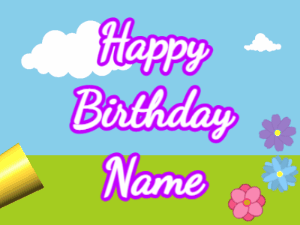 Happy Birthday GIF:Horn, noodles, meadow, cursive, white, purple