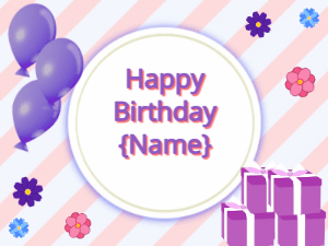 Happy Birthday GIF:purple Balloons, purple gift boxes, purple text