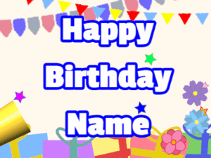 Happy Birthday GIF:Horn, confetti, party, block, white, blue
