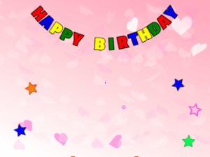 Happy Birthday GIF:chocolate Cake, flying stars on a pink background