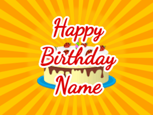 Happy Birthday GIF:yellow sunburst,cream cake, red text
