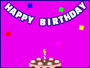 Happy Birthday GIF:A chocolate cake on purple with blue border & falling squares