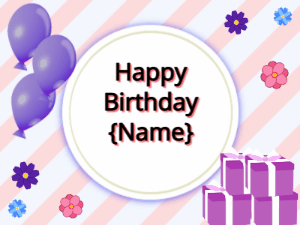 Happy Birthday GIF:purple Balloons, purple gift boxes, black text