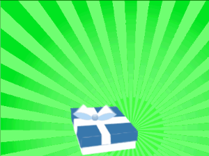 Happy Birthday GIF:blue Gift box, green sunburst, happy faces & cursive